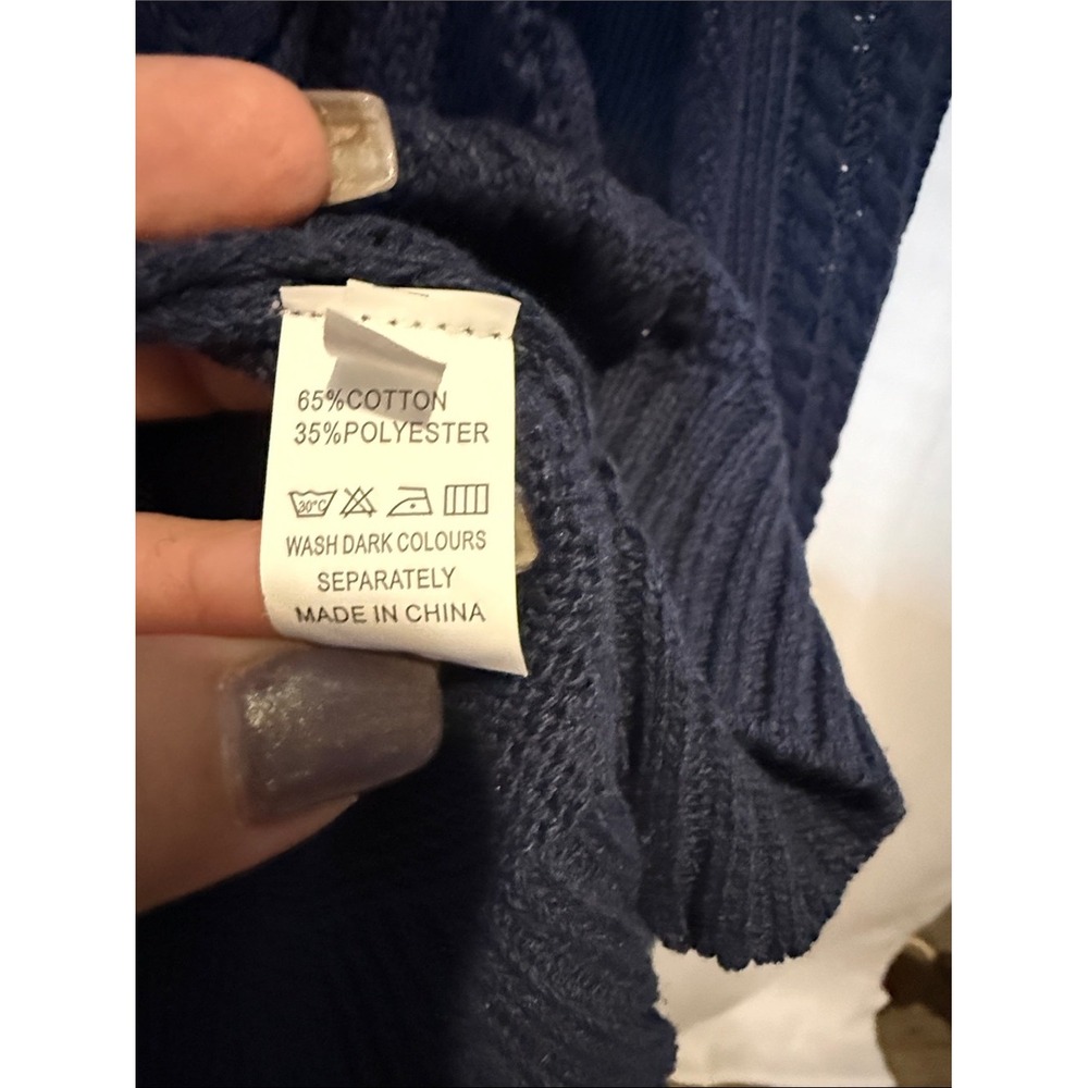 Navy Blue Cable Knit Mock Neck Balloon Sleeve Sweater Large Cotton Blend - Picture 3 of 6